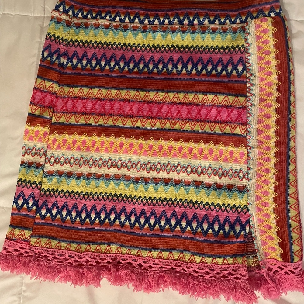 SHEIN WYWH Chevron Embroidery Fringe Trim Split Hem Skirt NWOT